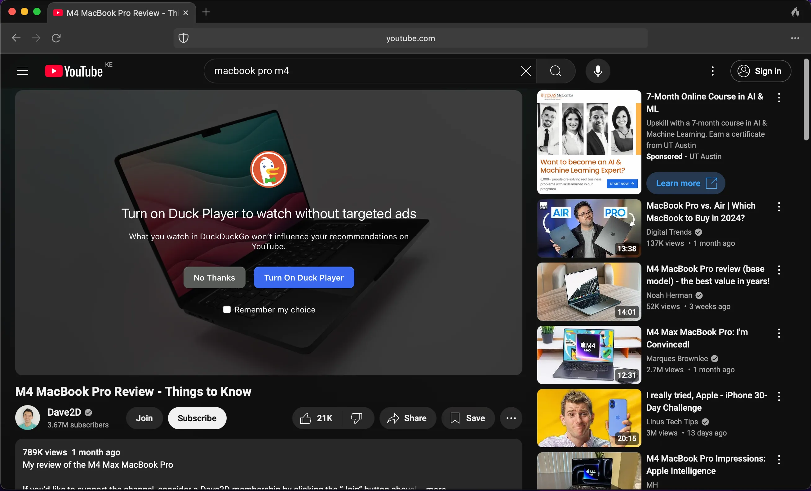 Cửa sổ tùy chọn Duck Player khi xem video YouTube trên trình duyệt DuckDuckGo