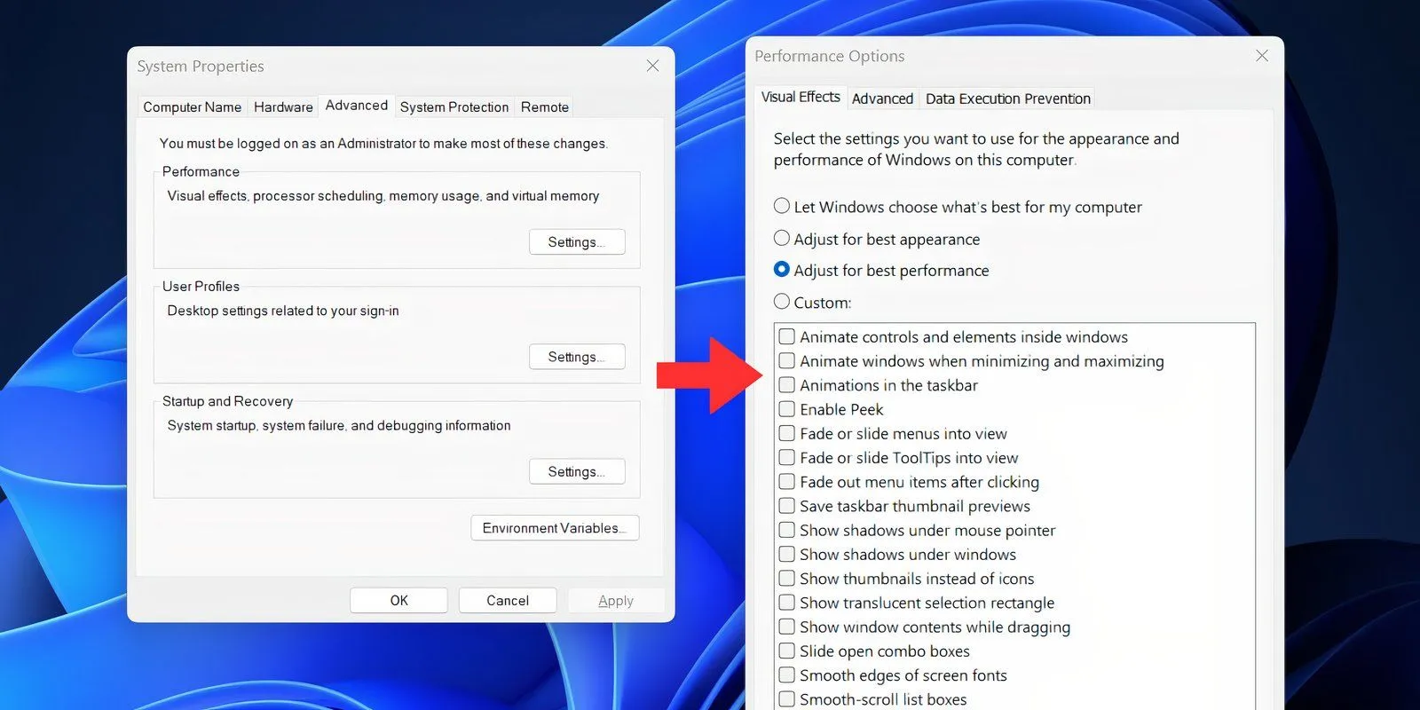 Cửa sổ Tùy chọn Hiệu suất trên Windows 11 hiển thị tab Hiệu ứng Hình ảnh với tùy chọn "Điều chỉnh để có hiệu suất tốt nhất" được chọn.