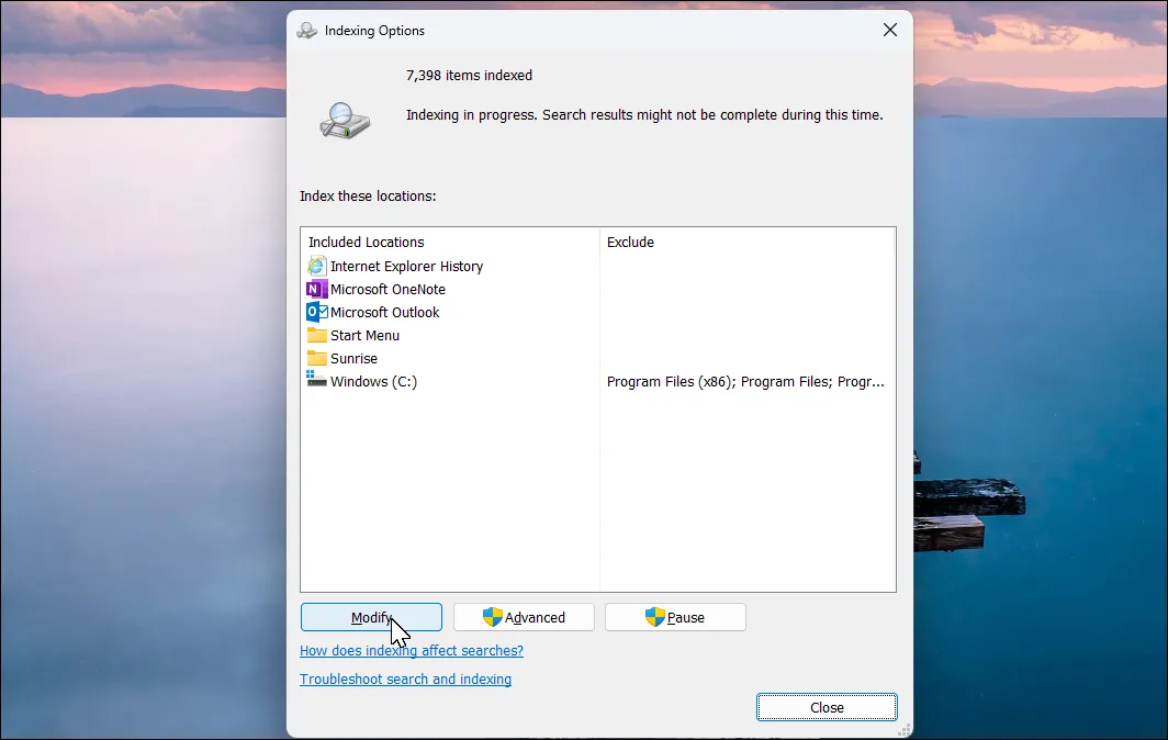 Cửa sổ tùy chọn Indexing trong Windows 11