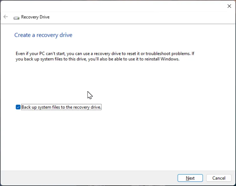 Cửa sổ ứng dụng &quot;Tạo ổ đĩa khôi phục&quot; mở trên Windows 11