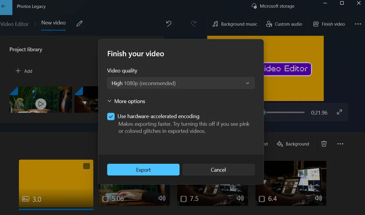 Cửa sổ xuất video trong ứng dụng Photos Legacy trên Windows