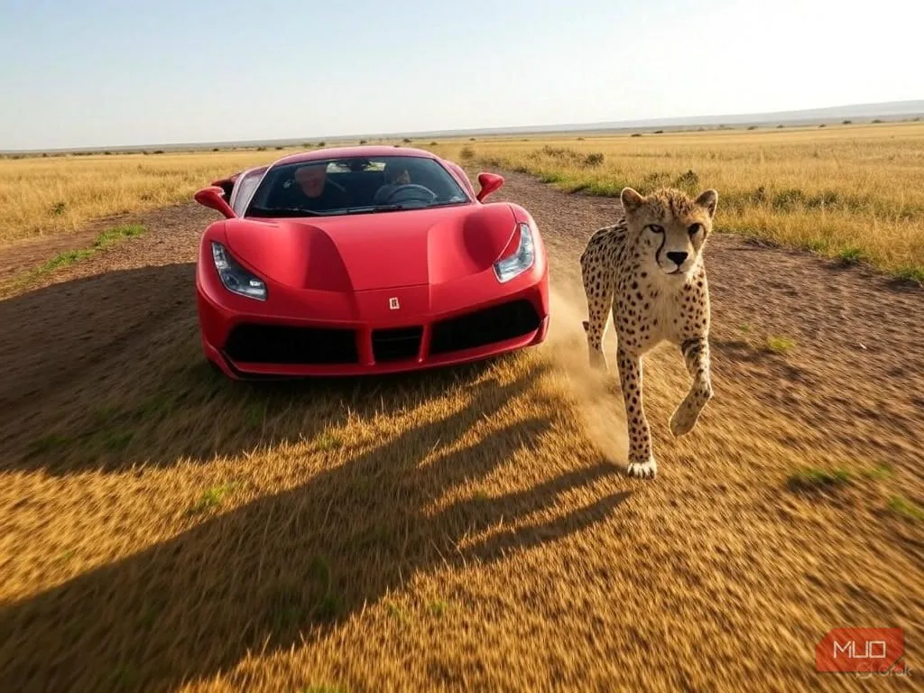 Cuộc đua giữa một chiếc siêu xe thể thao và một con báo cheetah, được tạo bởi AI Aurora của Grok