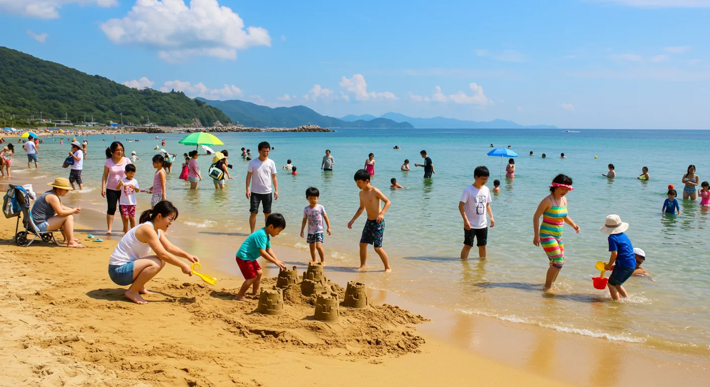 Đám đông người trên bãi biển với các nhân vật ở hậu cảnh bị mờ, biến dạng hoặc có dáng đứng kỳ lạ, dấu hiệu ảnh AI.