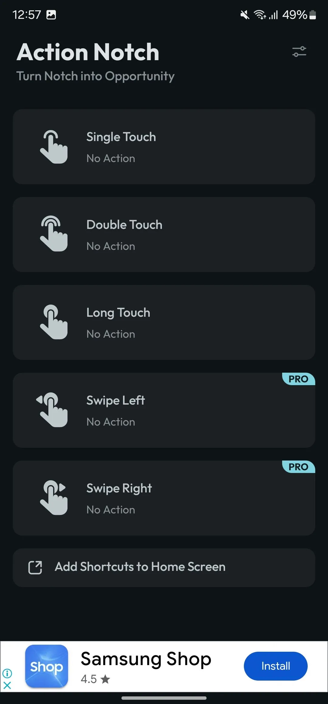 Danh sách các cử chỉ được hỗ trợ và tùy chọn hành động trong ứng dụng Action Notch.