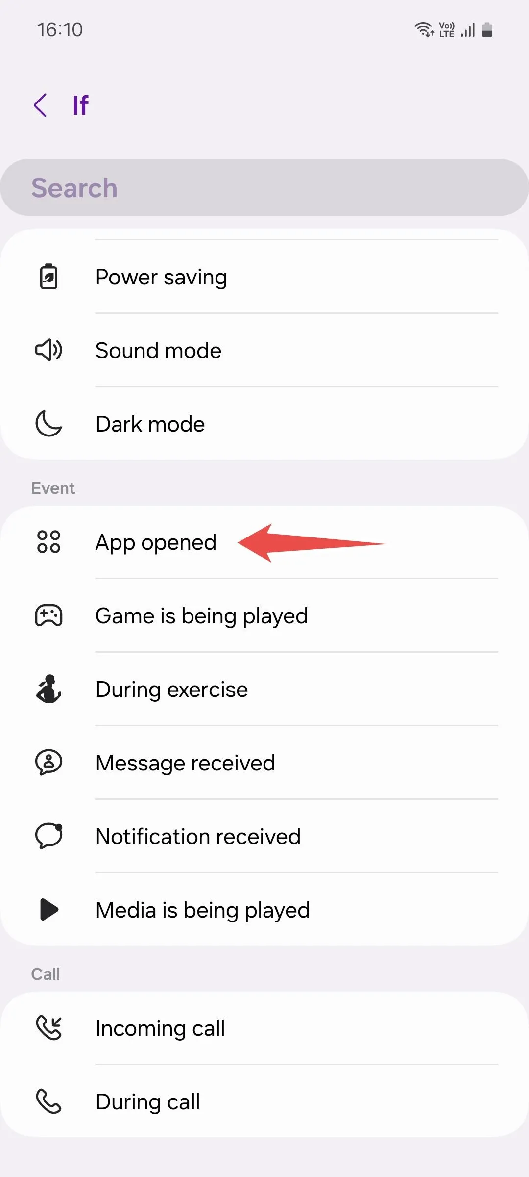 Danh sách các điều kiện kích hoạt thói quen trên Samsung, bao gồm tùy chọn Ứng dụng được mở