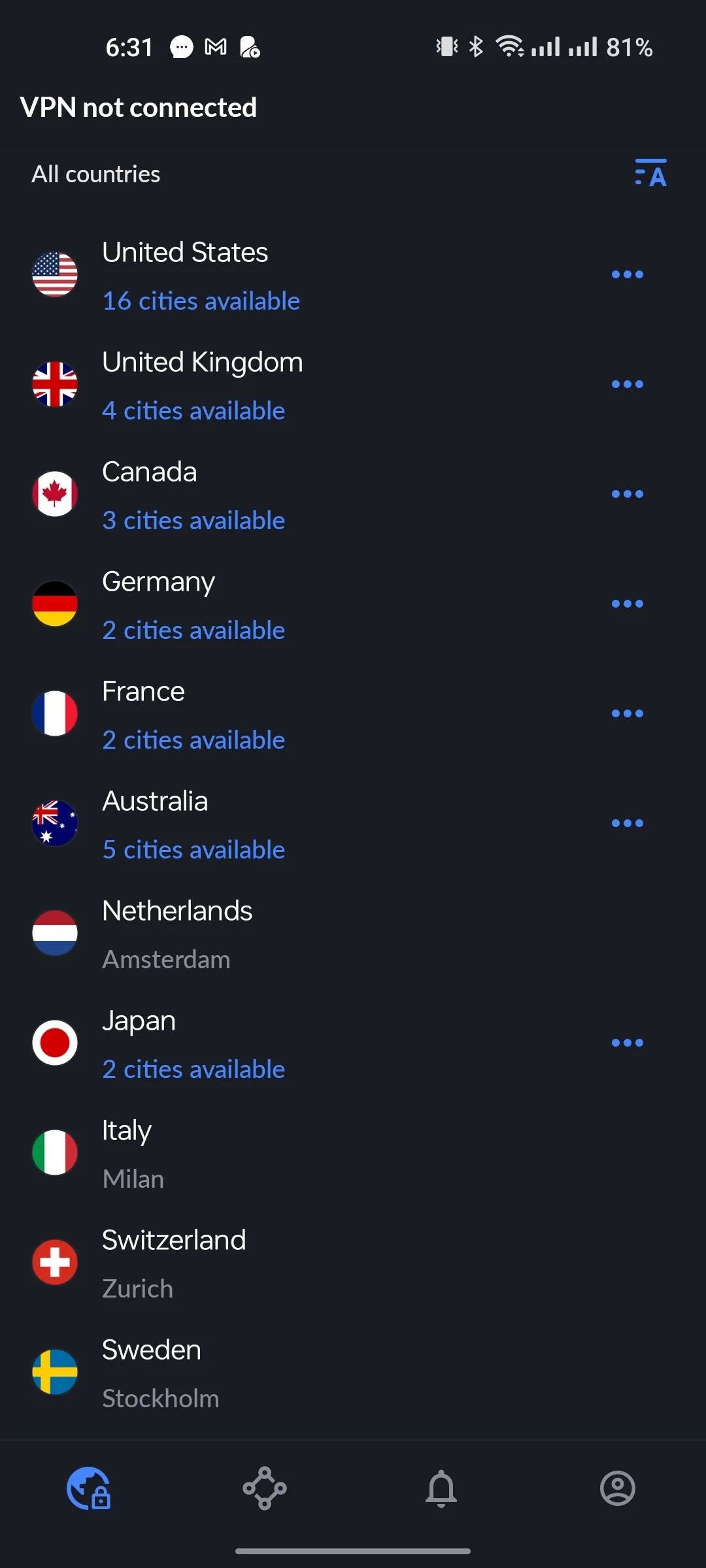 Danh sách các máy chủ VPN theo quốc gia trong ứng dụng NordVPN giúp bảo mật kết nối internet