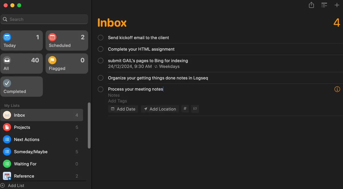 Danh sách các mục hành động cần xử lý trong Hộp thư đến (Inbox) của ứng dụng Reminders