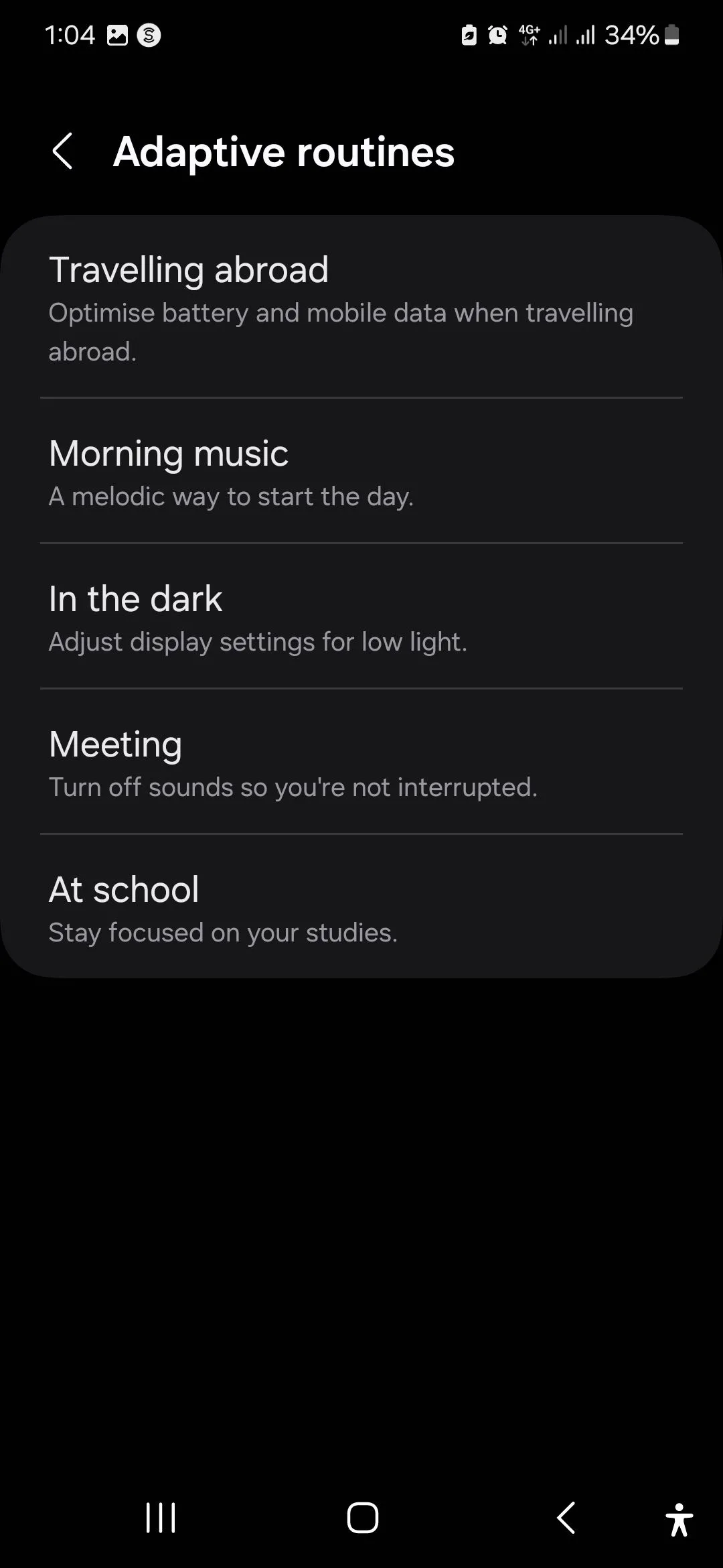 Danh sách các Quy trình thích ứng (Adaptive routines) có sẵn trong ứng dụng Chế độ và Quy trình Samsung