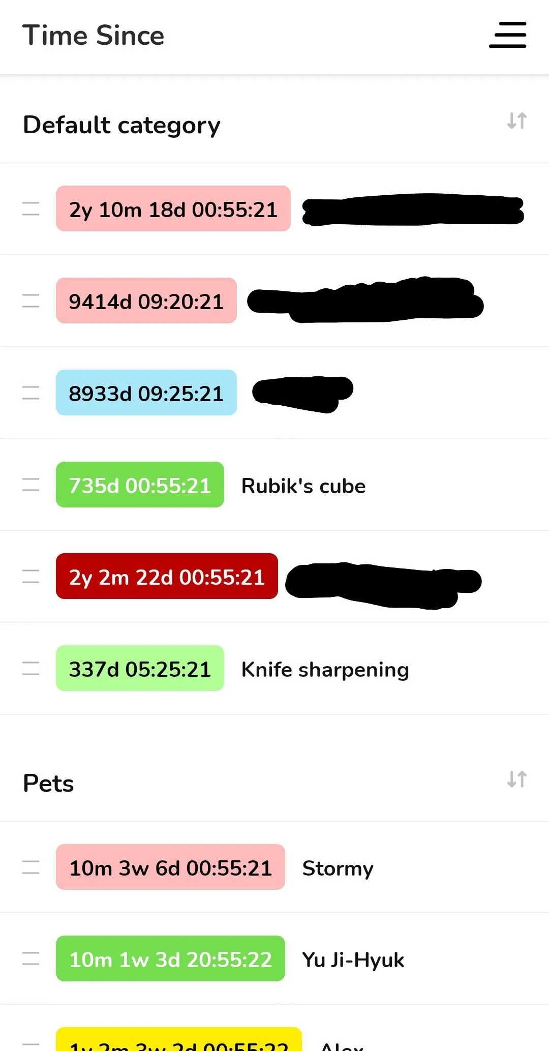 Danh sách các sự kiện và thời gian đã được theo dõi trong ứng dụng Time Since.