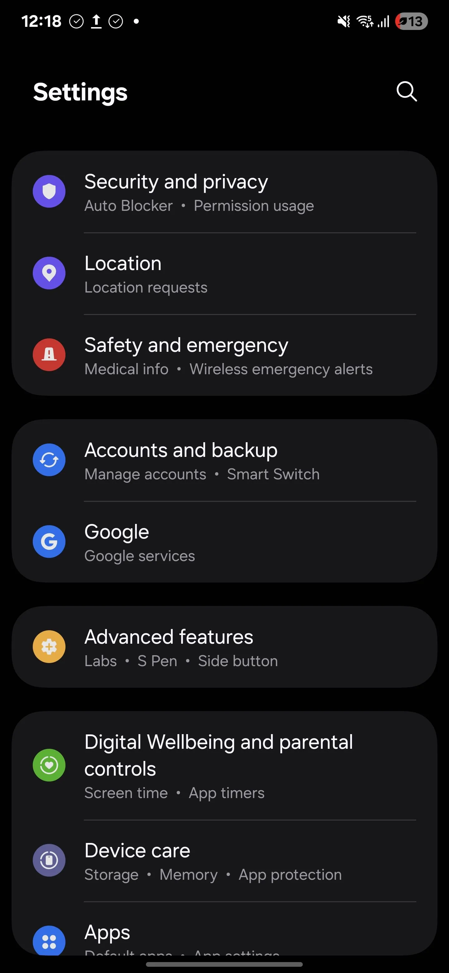 Danh sách các tùy chọn trong menu Cài đặt của Samsung