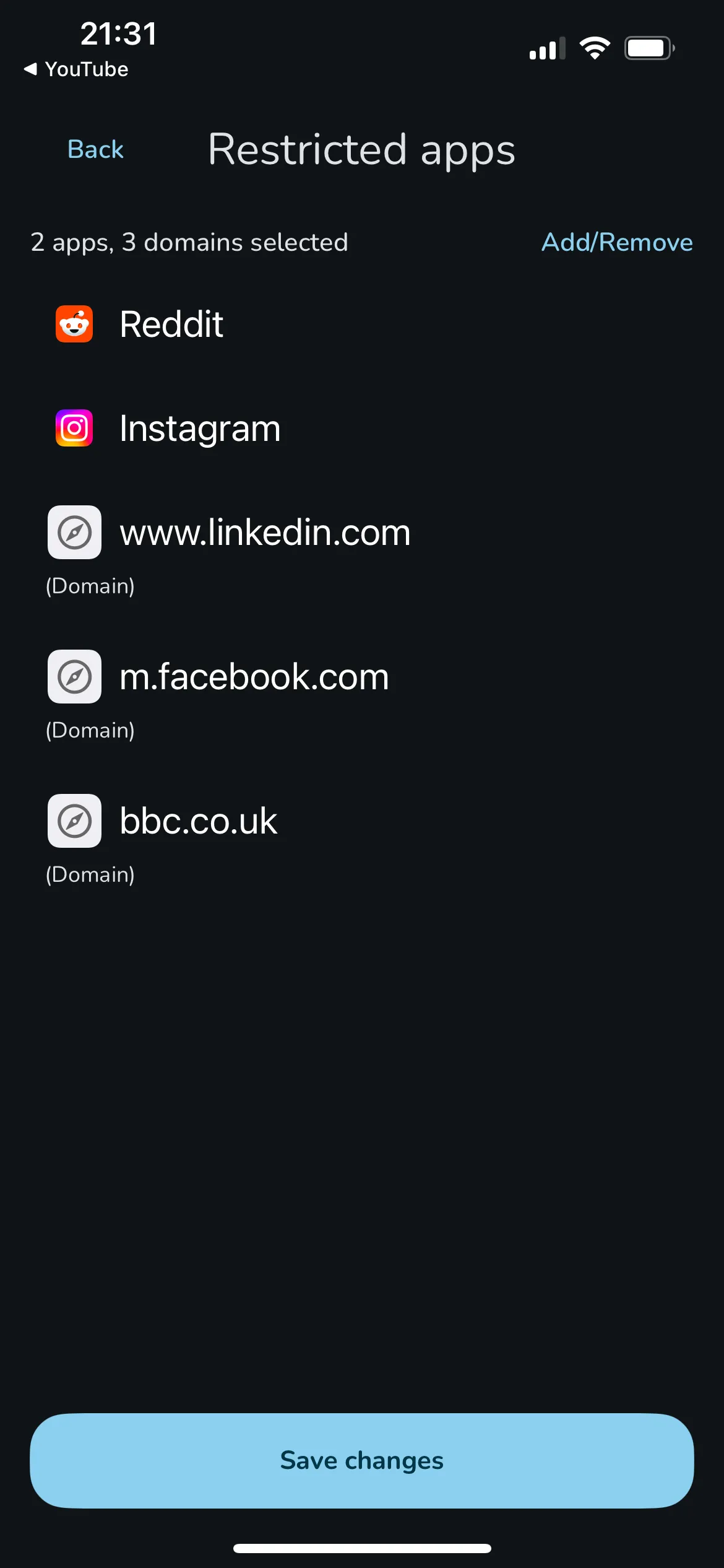 Danh sách các ứng dụng bị hạn chế bởi Steppin, bao gồm Instagram, Reddit, BBC News, LinkedIn và Facebook