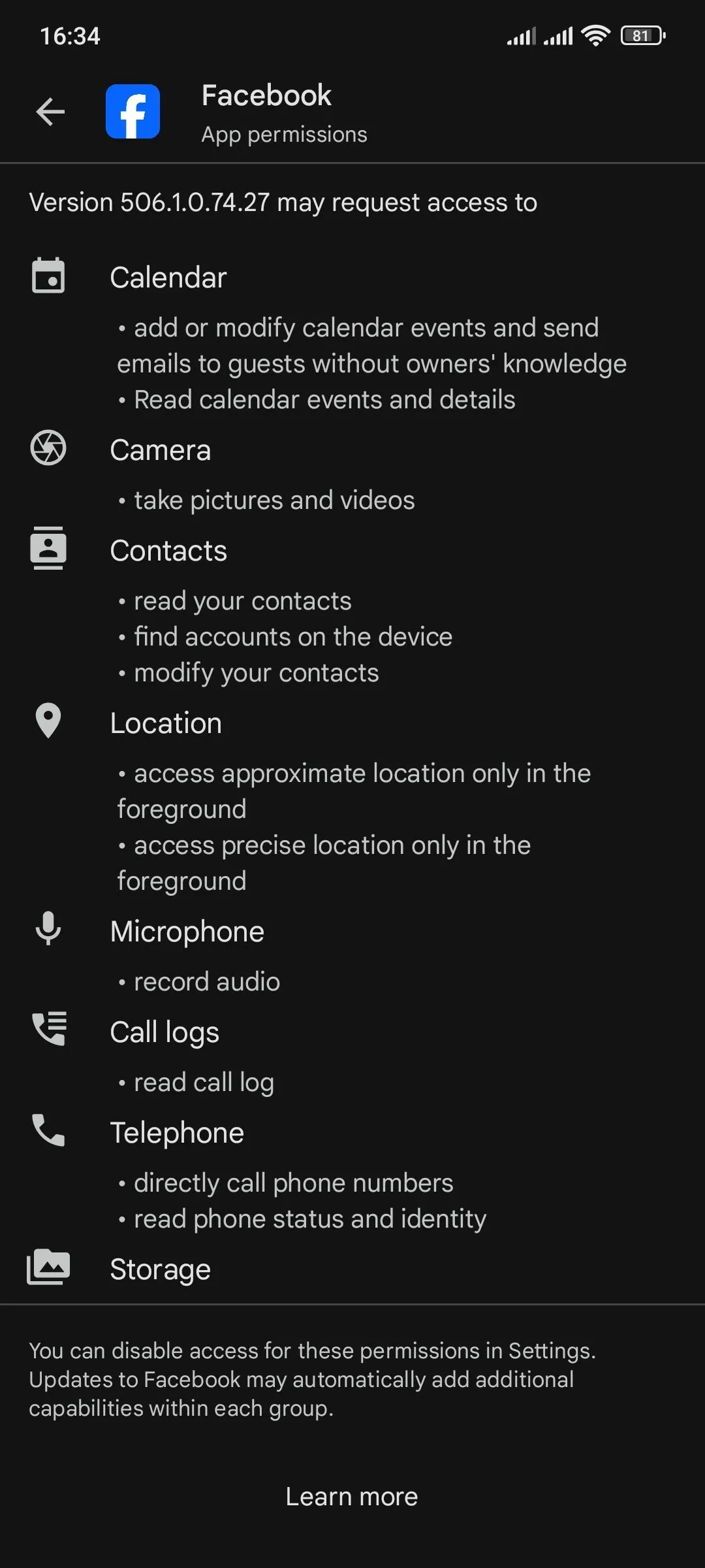 Danh sách chi tiết các quyền ứng dụng Facebook yêu cầu trên Google Play Store, minh họa mức độ truy cập dữ liệu