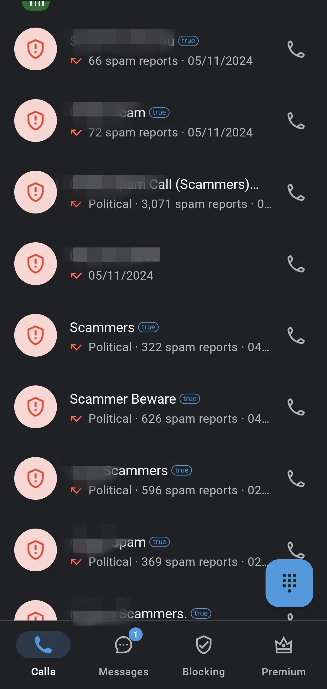 Danh sách cuộc gọi bị chặn bởi Truecaller, hiển thị các cuộc gọi spam tiềm năng