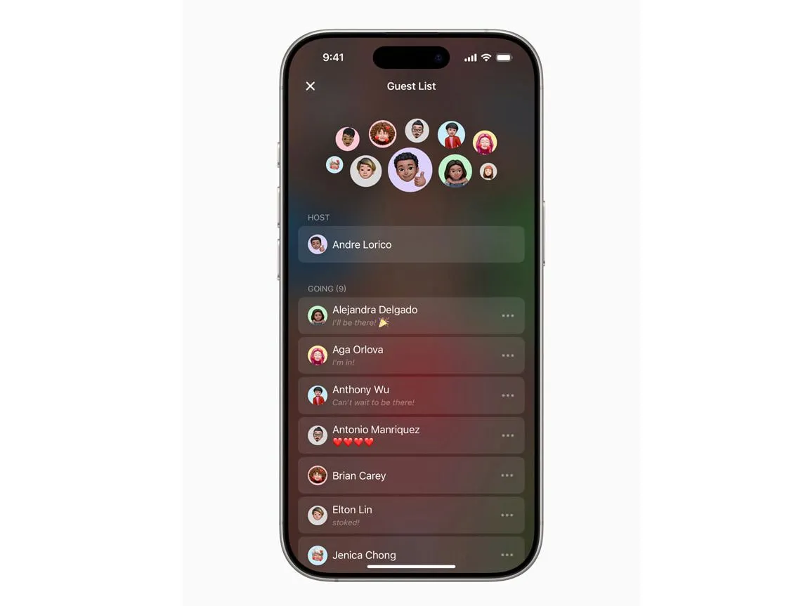 Danh sách khách mời trong ứng dụng Apple Invites trên iPhone