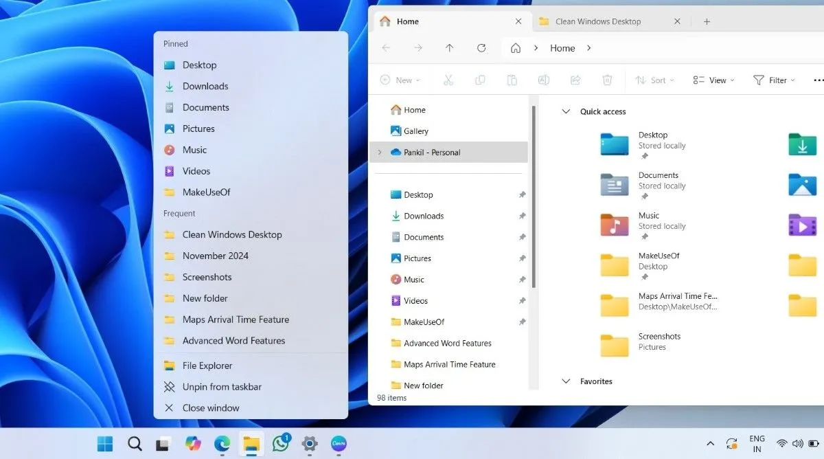 Danh sách nhảy (Jump List) trên Taskbar và cửa sổ File Explorer mở trên desktop Windows giúp truy cập thư mục nhanh chóng