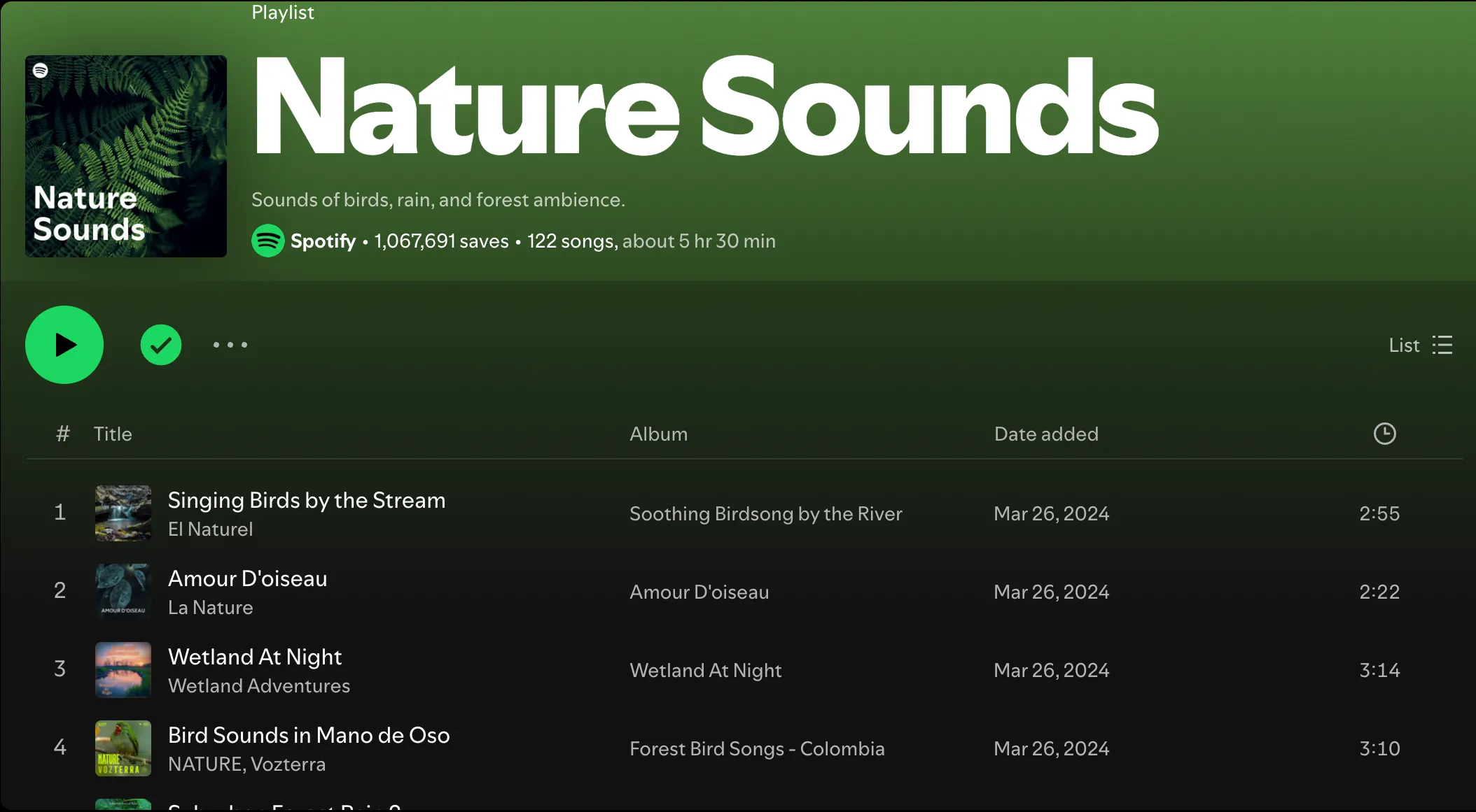 Danh sách phát &quot;Nature Sounds&quot; trên Spotify, minh họa loại nhạc nền phù hợp giúp cải thiện sự tập trung và thư giãn.