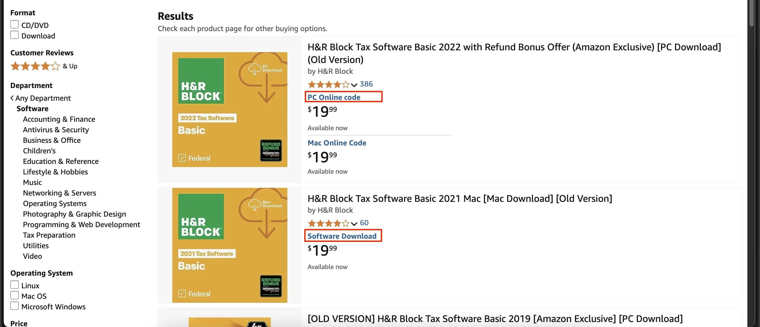 Danh sách sản phẩm phần mềm trên Amazon hiển thị phương thức giao hàng