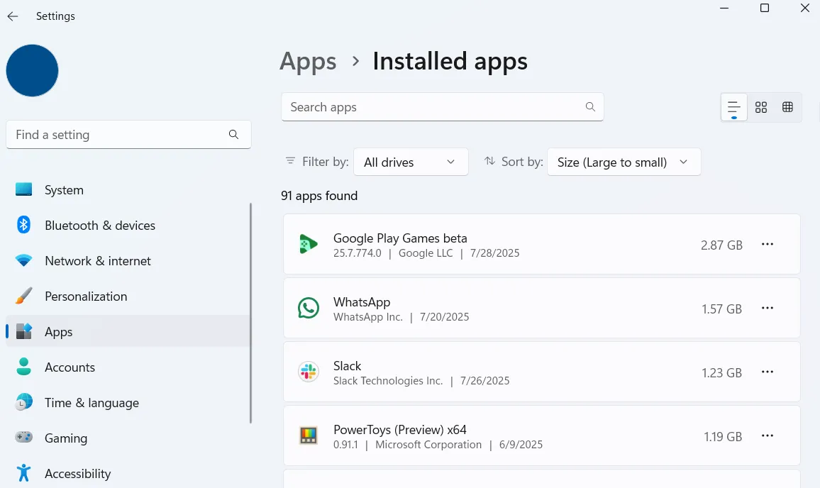 Danh sách ứng dụng đã cài đặt trên Windows 11 sắp xếp theo kích thước
