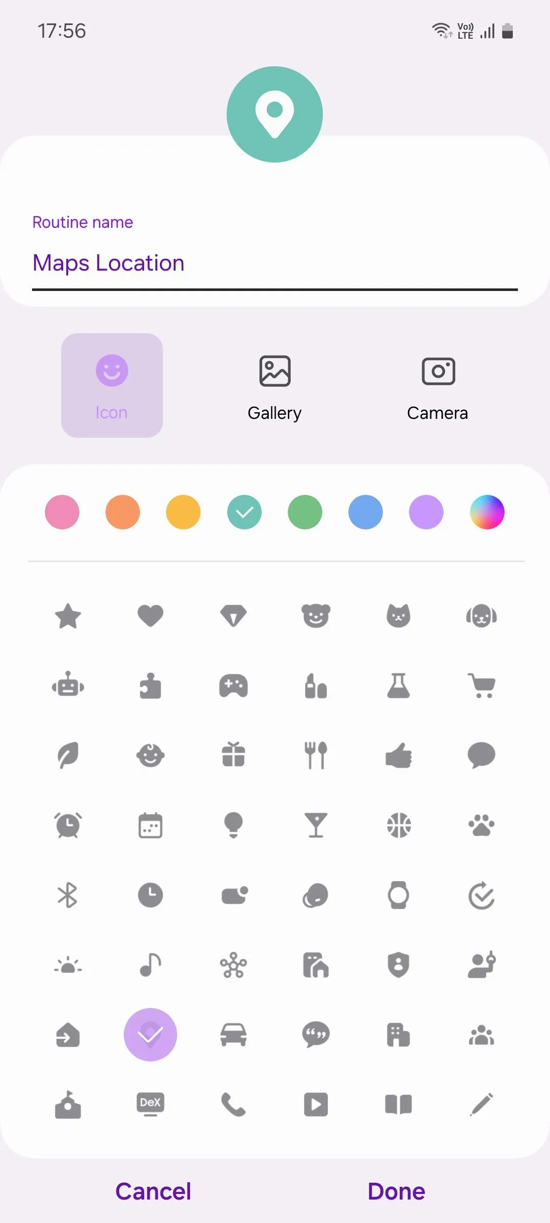 Đặt tên và chọn biểu tượng cho thói quen tự động bật định vị Google Maps trên Samsung
