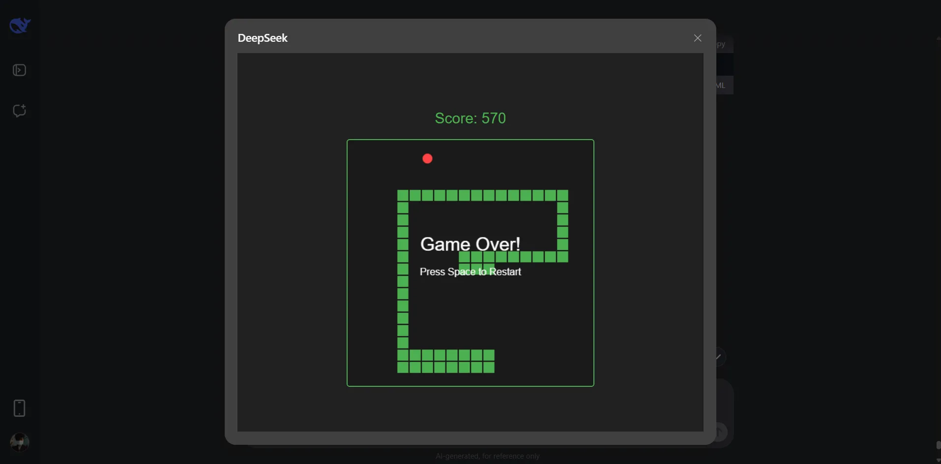DeepSeek tạo và gỡ lỗi mã game Rắn bằng HTML5 CSS JavaScript