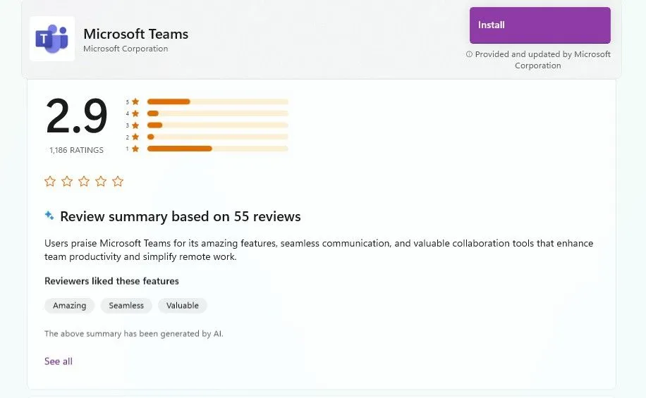 Điểm đánh giá 2.9 sao của ứng dụng Microsoft Teams trên Microsoft Store