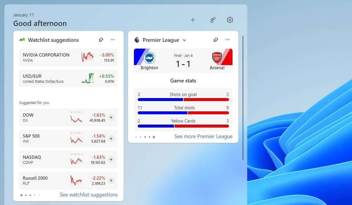 Điểm số trận bóng đá hiển thị trên widget Thể thao của Windows 11