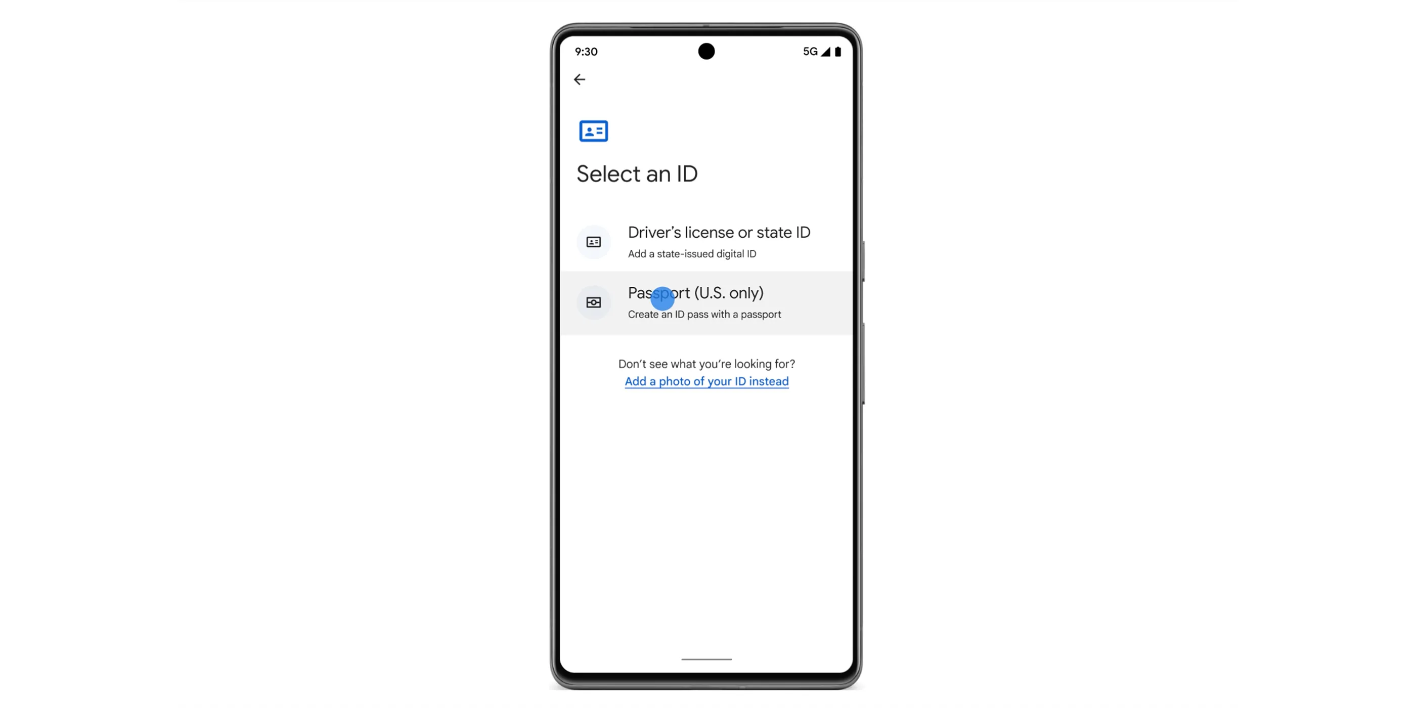 Điện thoại Android hiển thị ứng dụng Google Wallet với tùy chọn thêm ID và hộ chiếu kỹ thuật số