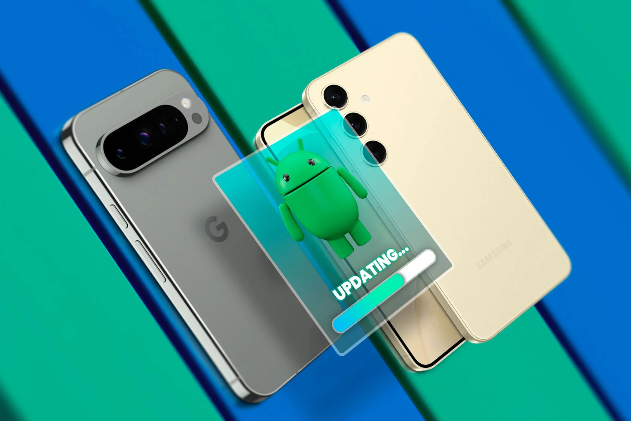 Điện thoại Google Pixel và Samsung Galaxy minh họa việc cập nhật phần mềm Android mới nhất.