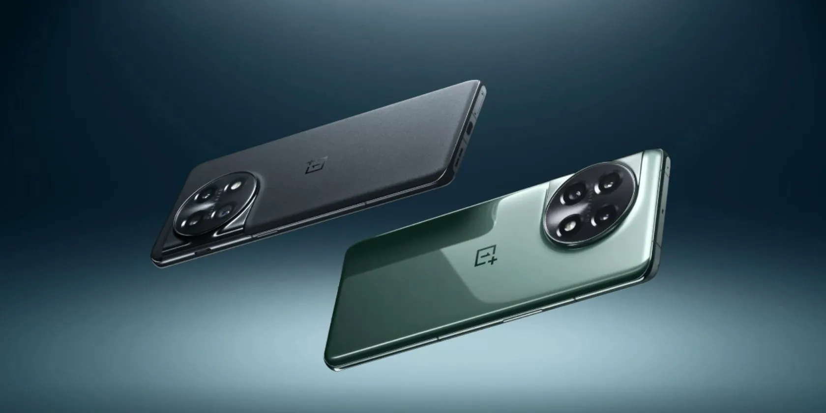 Điện thoại OnePlus 11 màu Titan Black và Eternal Green hiển thị mặt lưng với cụm camera tròn đặc trưng