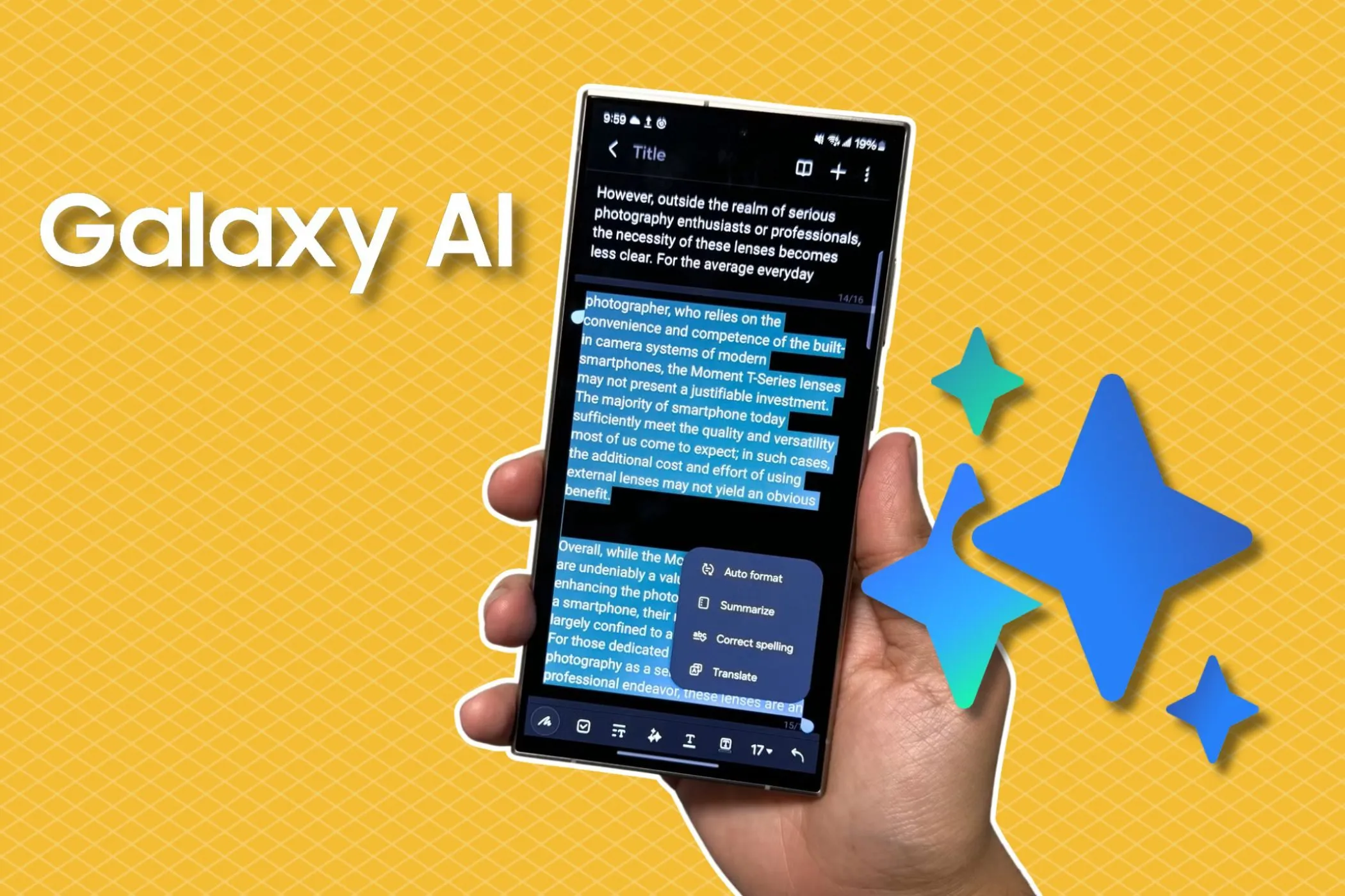 Điện thoại Samsung Galaxy S24 Ultra hiển thị biểu tượng Galaxy AI trên nền vàng, minh họa tính năng AI mới