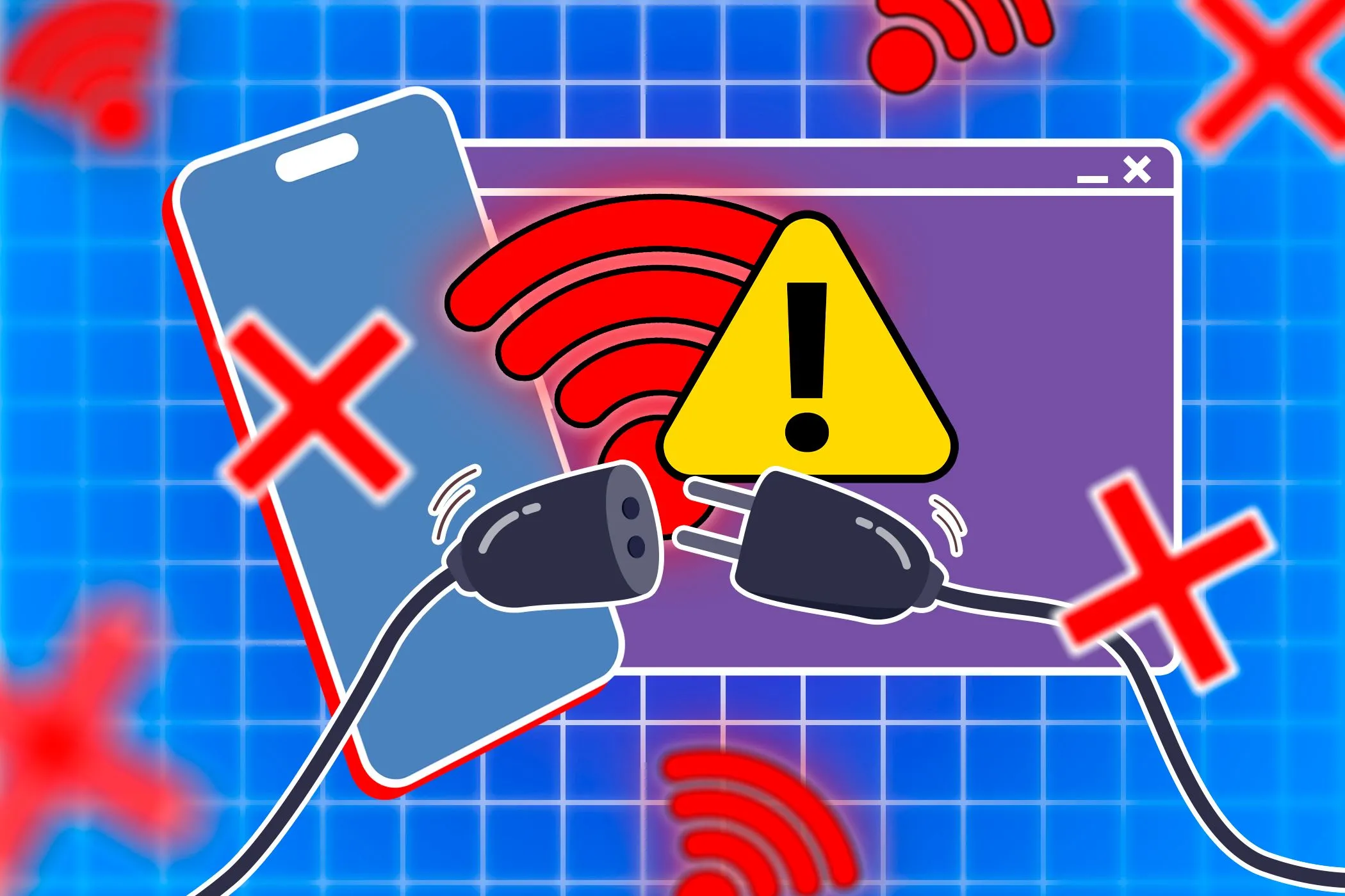 Điện thoại thông minh và trình duyệt web hiển thị biểu tượng Wi-Fi mất kết nối, tượng trưng cho kế hoạch dự phòng internet