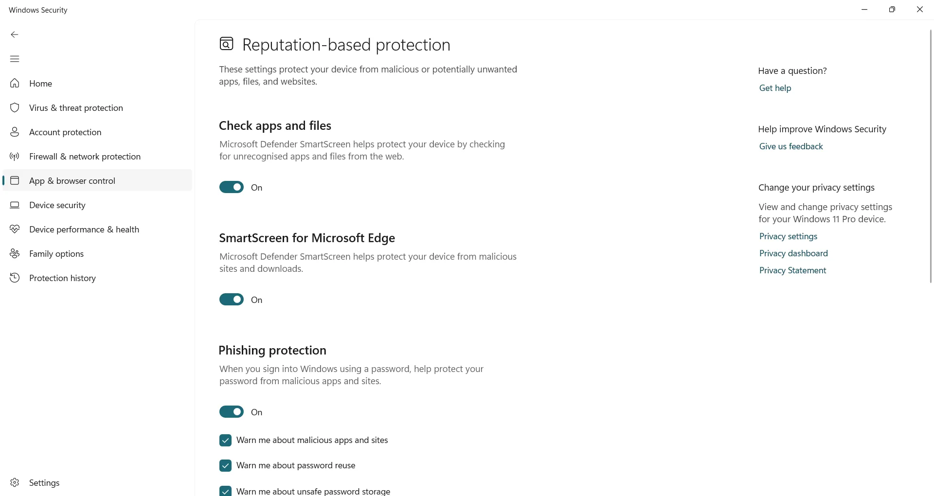 Điều chỉnh các thiết lập Bảo vệ dựa trên uy tín trong cài đặt Windows Security
