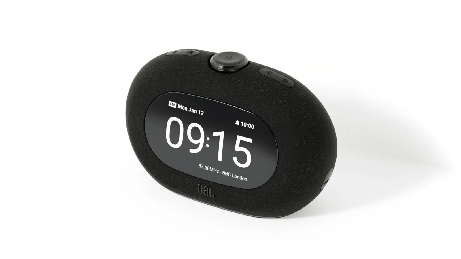 Đồng hồ báo thức thông minh JBL Horizon 3 màu đen hiển thị giờ trên màn hình lớn, tích hợp loa Bluetooth và FM radio.