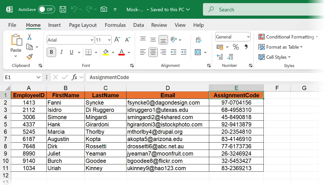 Dữ liệu Excel chuẩn bị cho Mail Merge