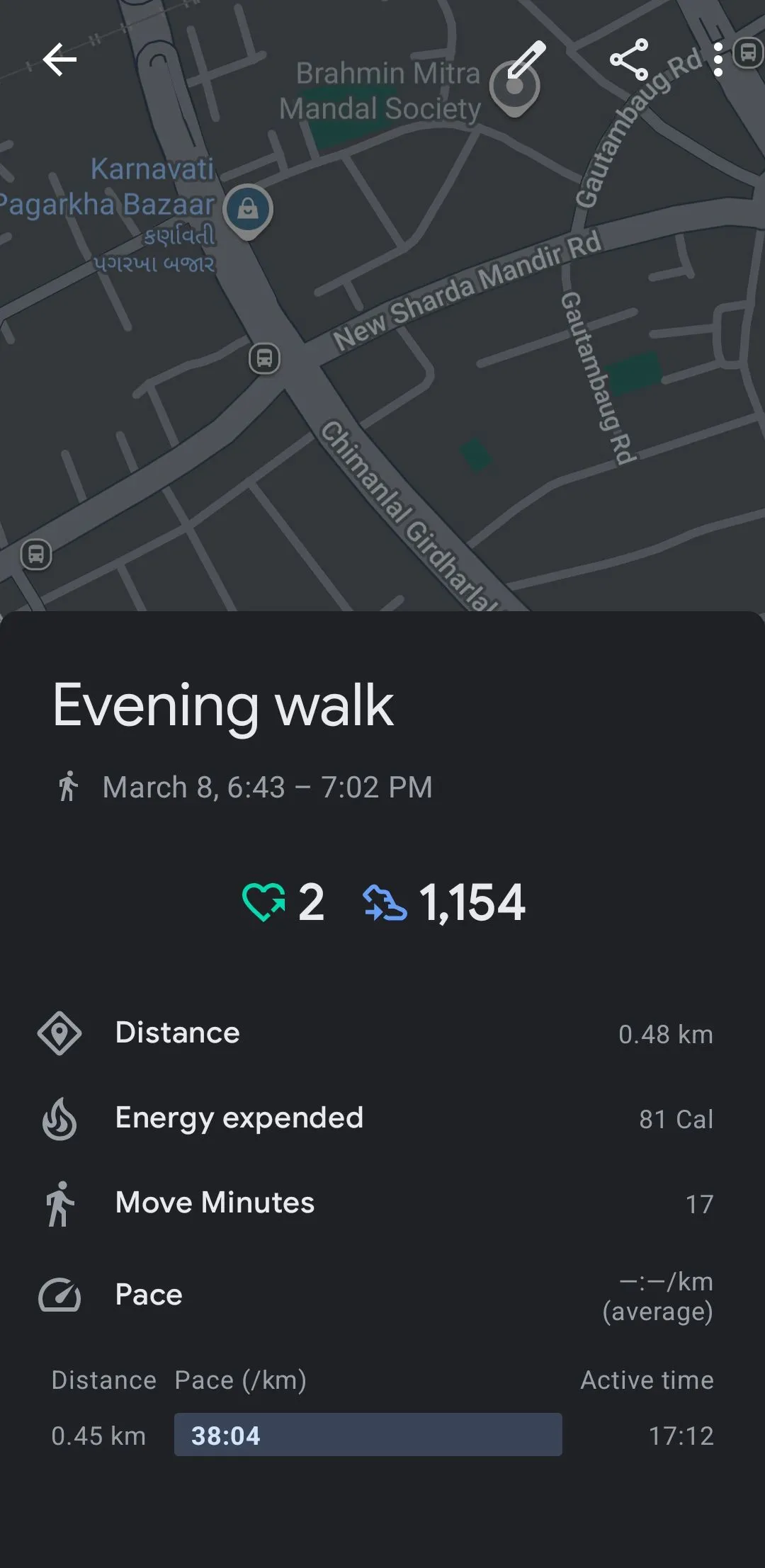 Dữ liệu Google Fit ghi lại buổi đi bộ buổi tối