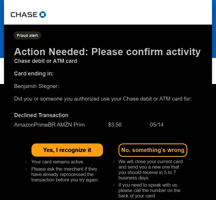 Email cảnh báo gian lận tài khoản Amazon từ Chase
