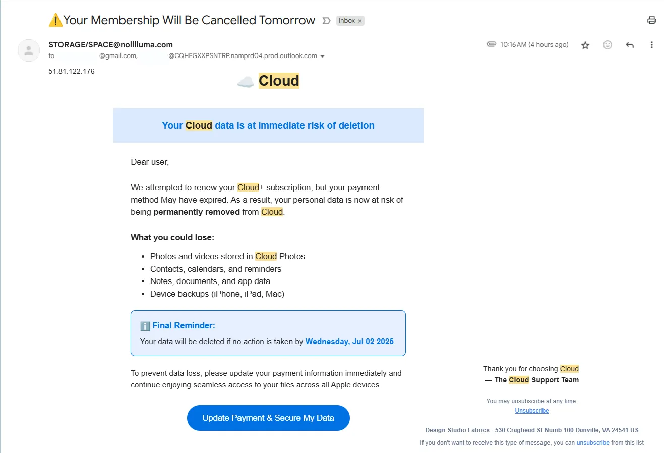 Email lừa đảo iCloud giả mạo yêu cầu cập nhật thông tin thanh toán