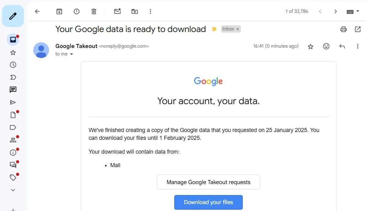 Email từ Google Takeout trong Gmail với liên kết tải xuống dữ liệu đã xuất