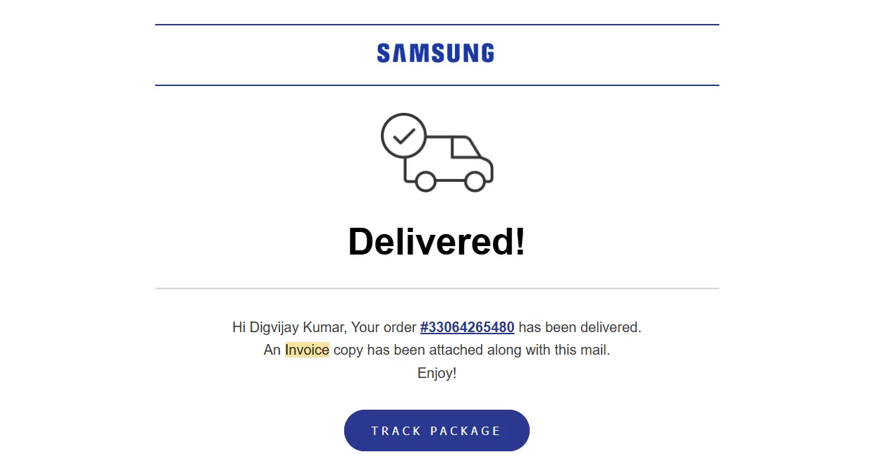 Email xác nhận đơn hàng điện thoại Samsung từ nhà bán lẻ có đính kèm hóa đơn và thông tin IMEI