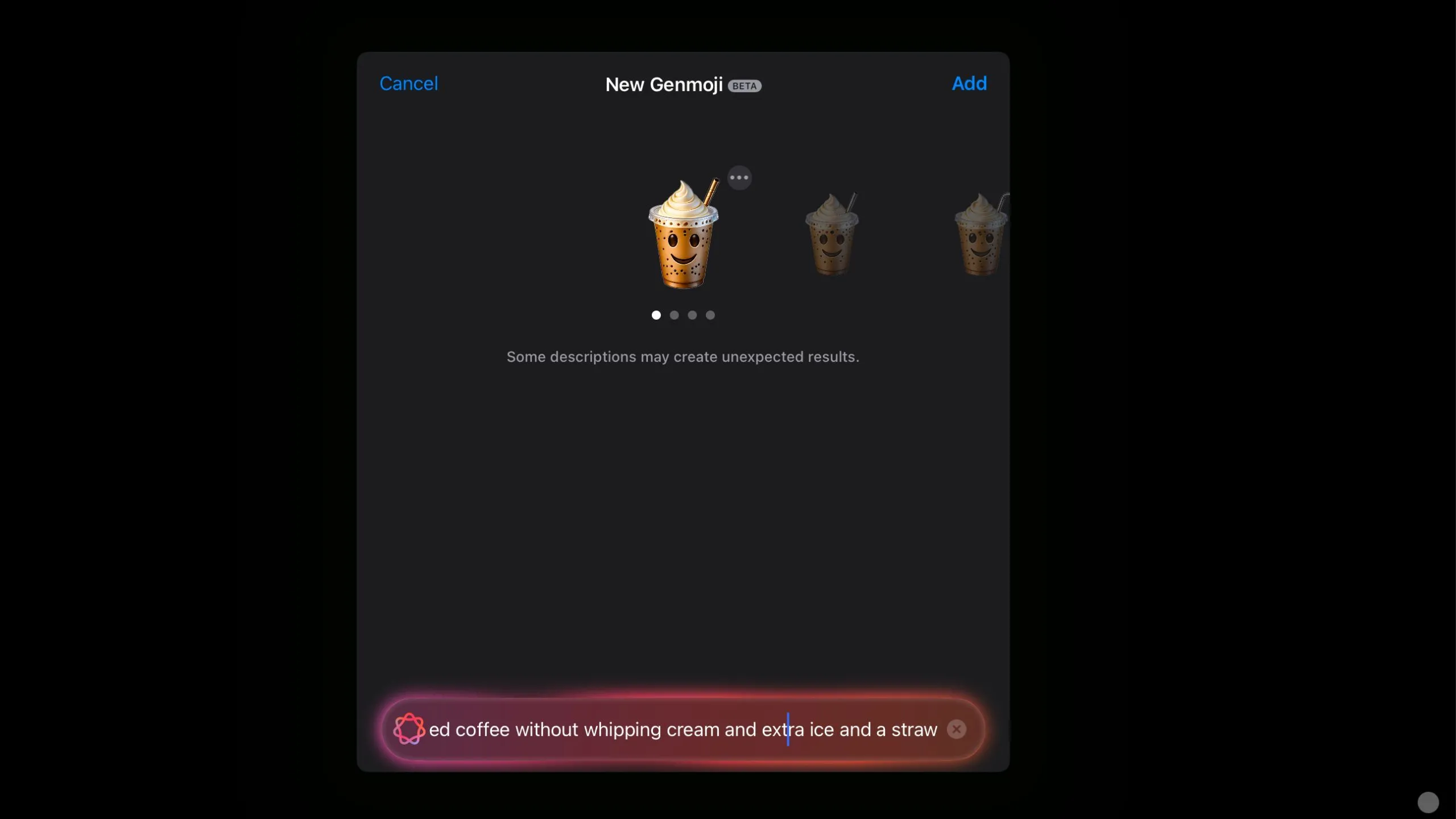 Emoji ly cà phê đá có mặt cười, minh họa chi tiết không mong muốn từ Genmoji