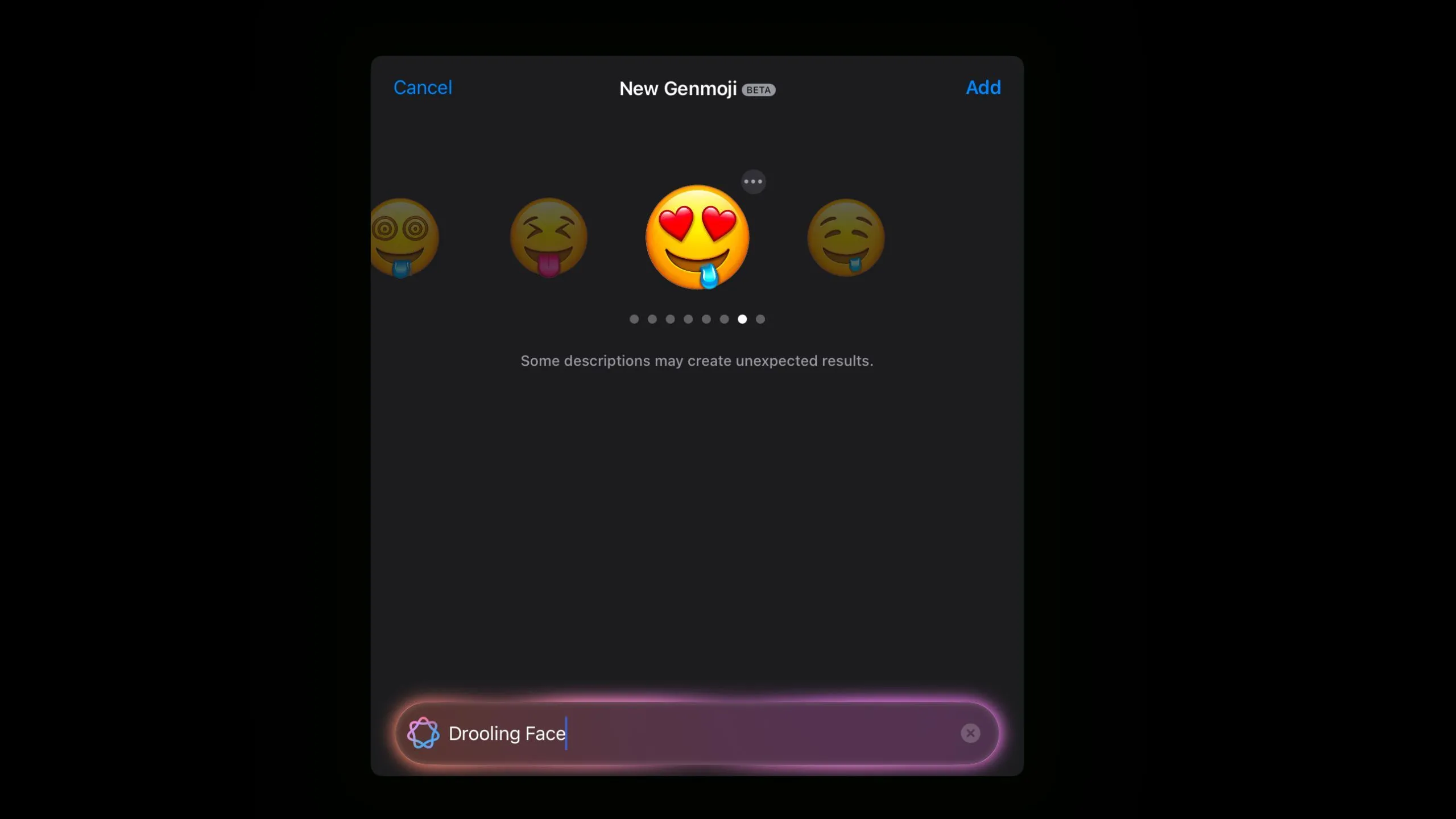 Emoji mặt chảy dãi với mắt hình trái tim do Genmoji tạo ra có chi tiết thừa