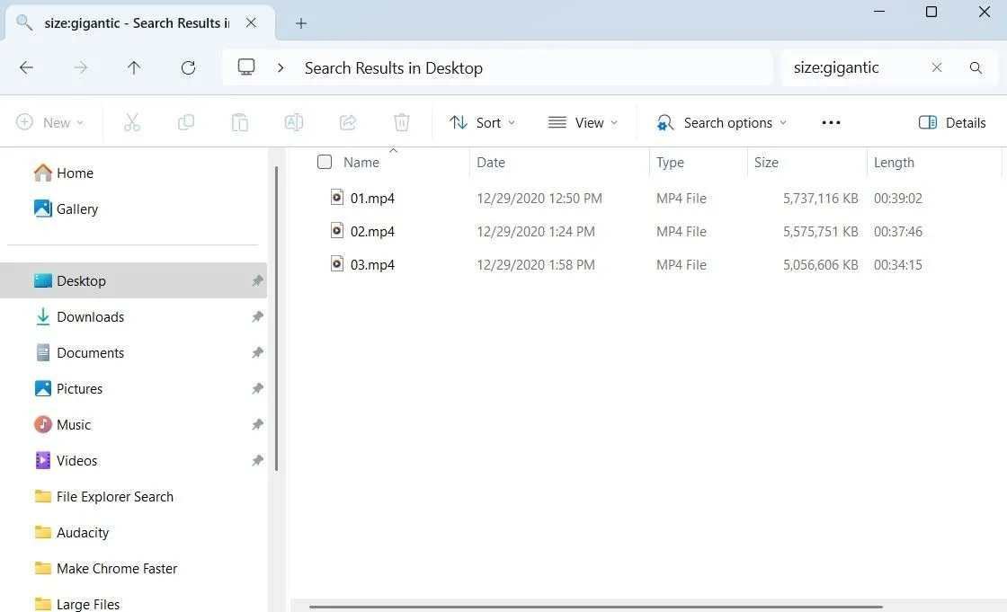 File Explorer hiển thị kết quả tìm kiếm file lớn bằng cú pháp size:gigantic trên Windows