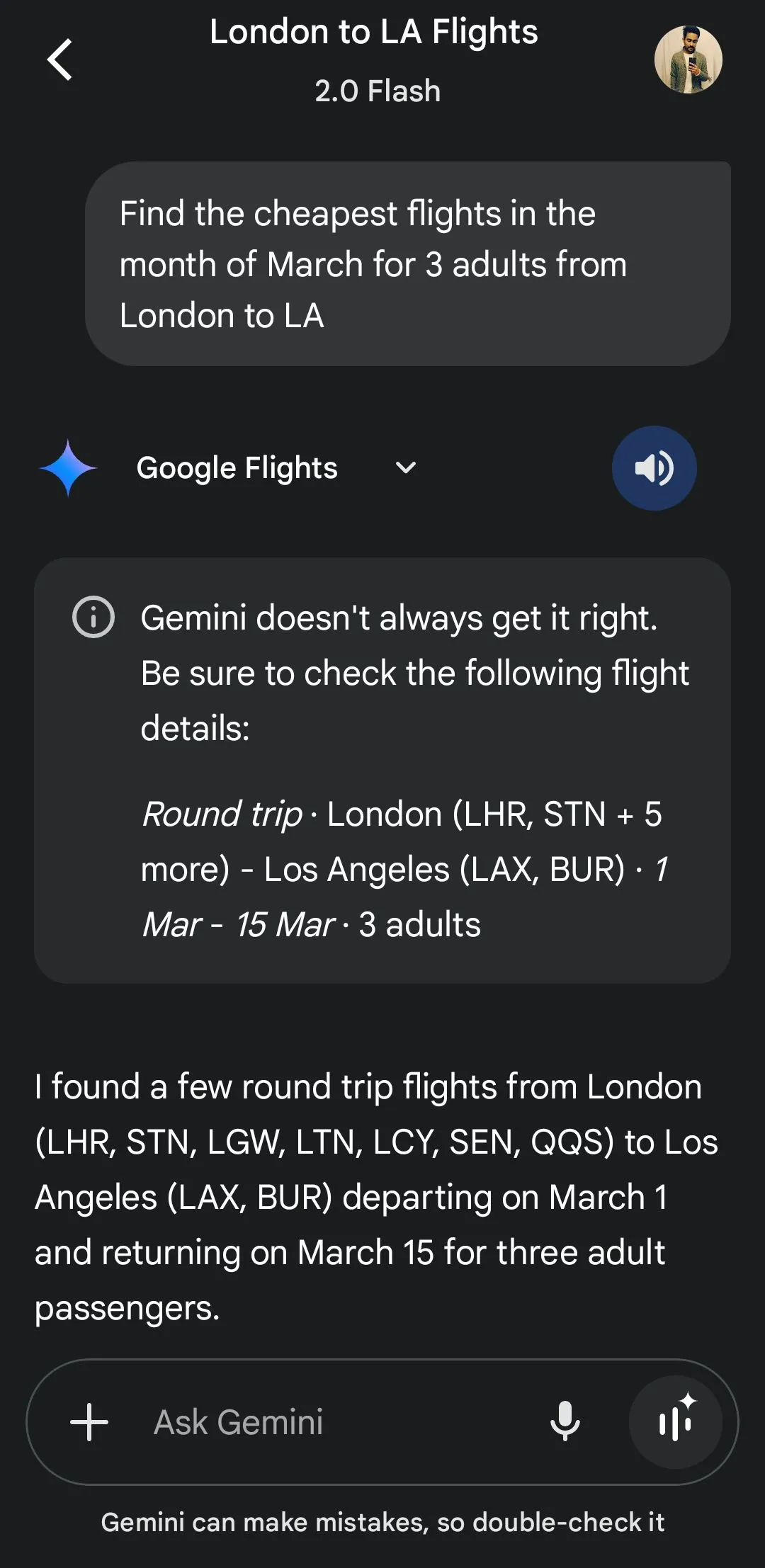 Gemini hiển thị thông tin chuyến bay từ Google Flights để lên kế hoạch du lịch