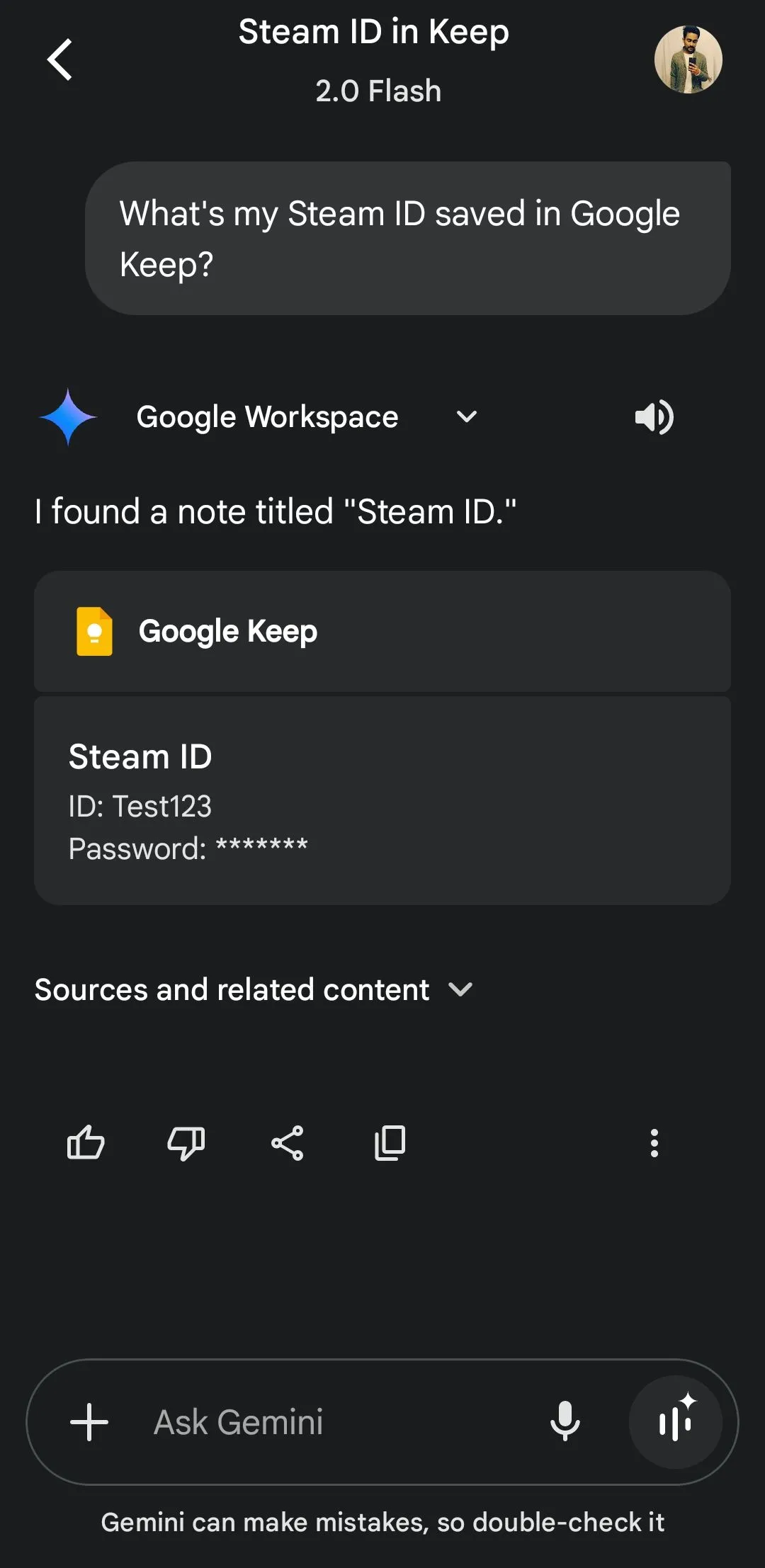 Gemini tìm kiếm thông tin về Steam ID từ Google Keep