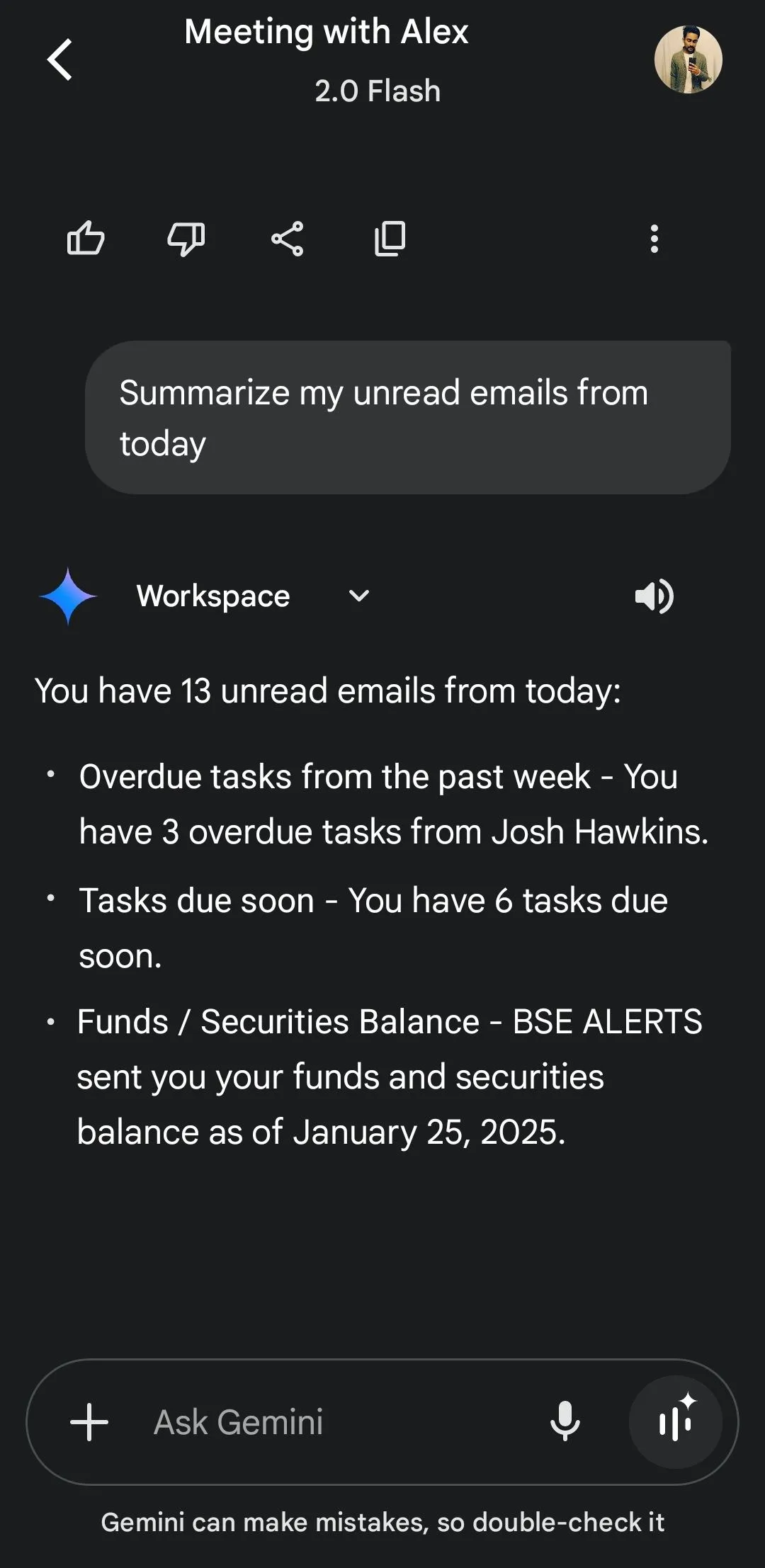 Gemini tóm tắt email chưa đọc từ ứng dụng Gmail