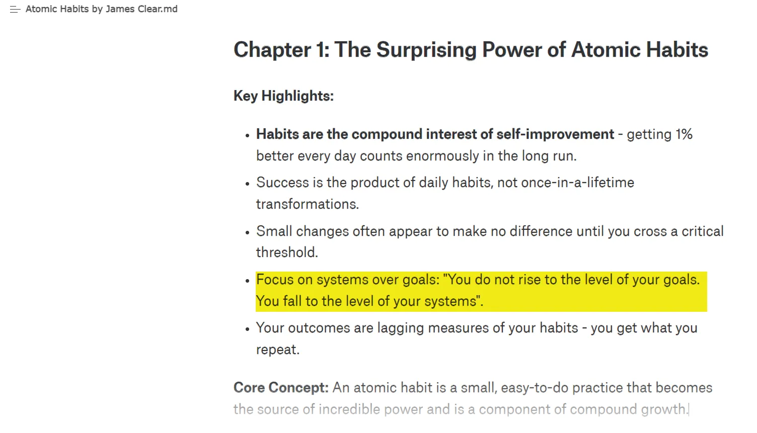 Ghi chú highlight sách Atomic Habits cá nhân trên máy tính