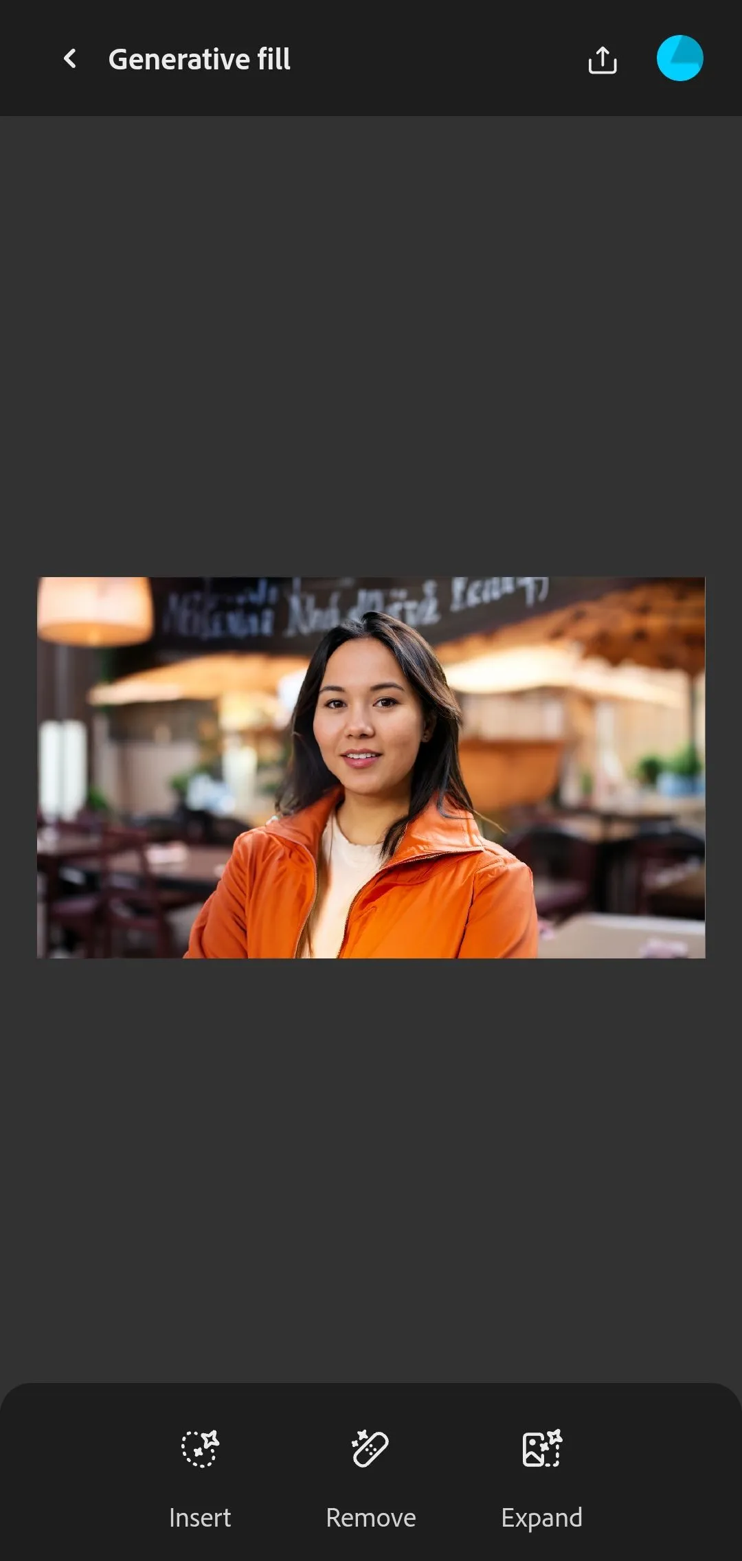 Giao diện Adobe Firefly mobile hiển thị các biểu tượng công cụ Generative Fill