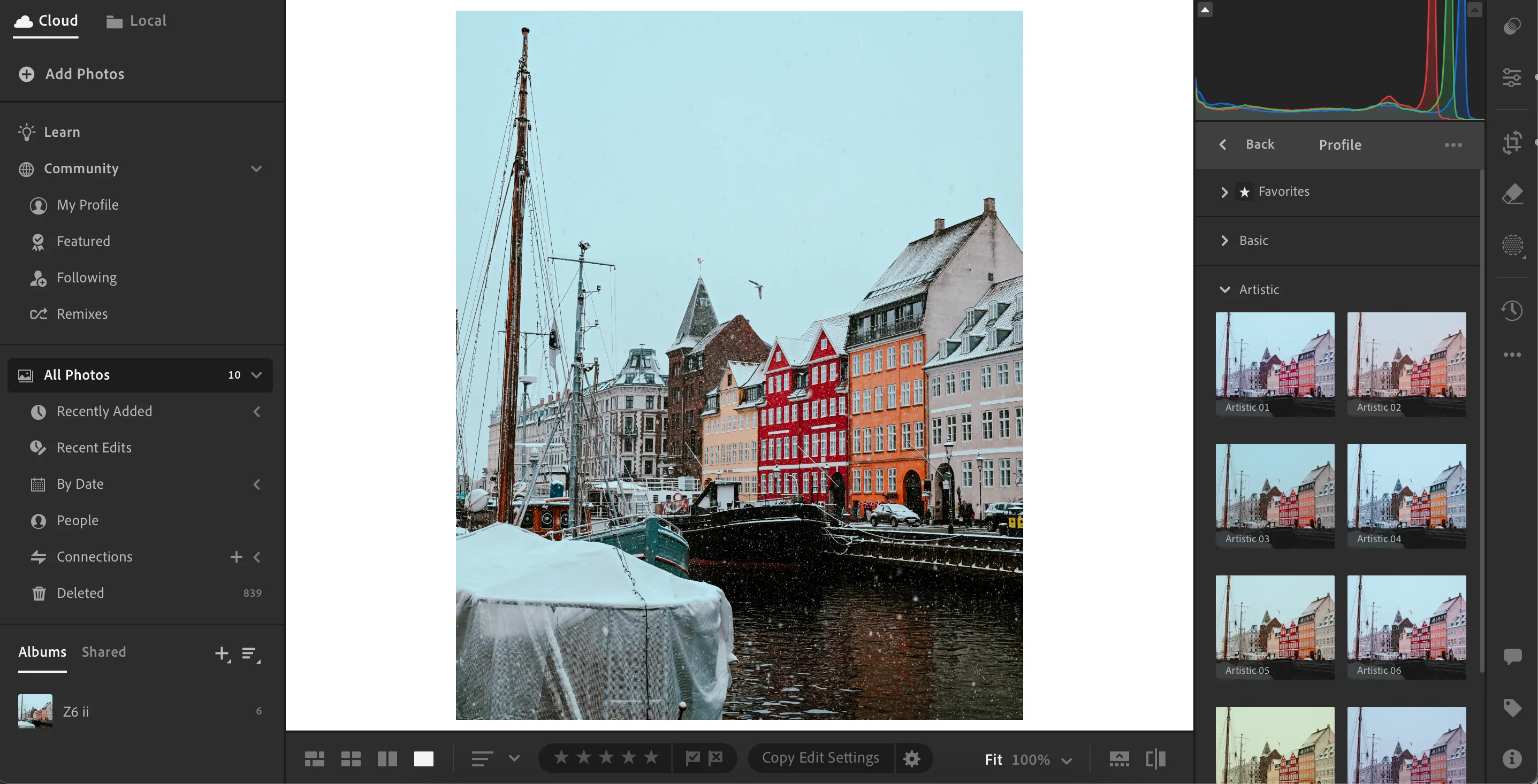 Giao diện Adobe Lightroom hiển thị các profile màu và tùy chọn chỉnh sửa ảnh