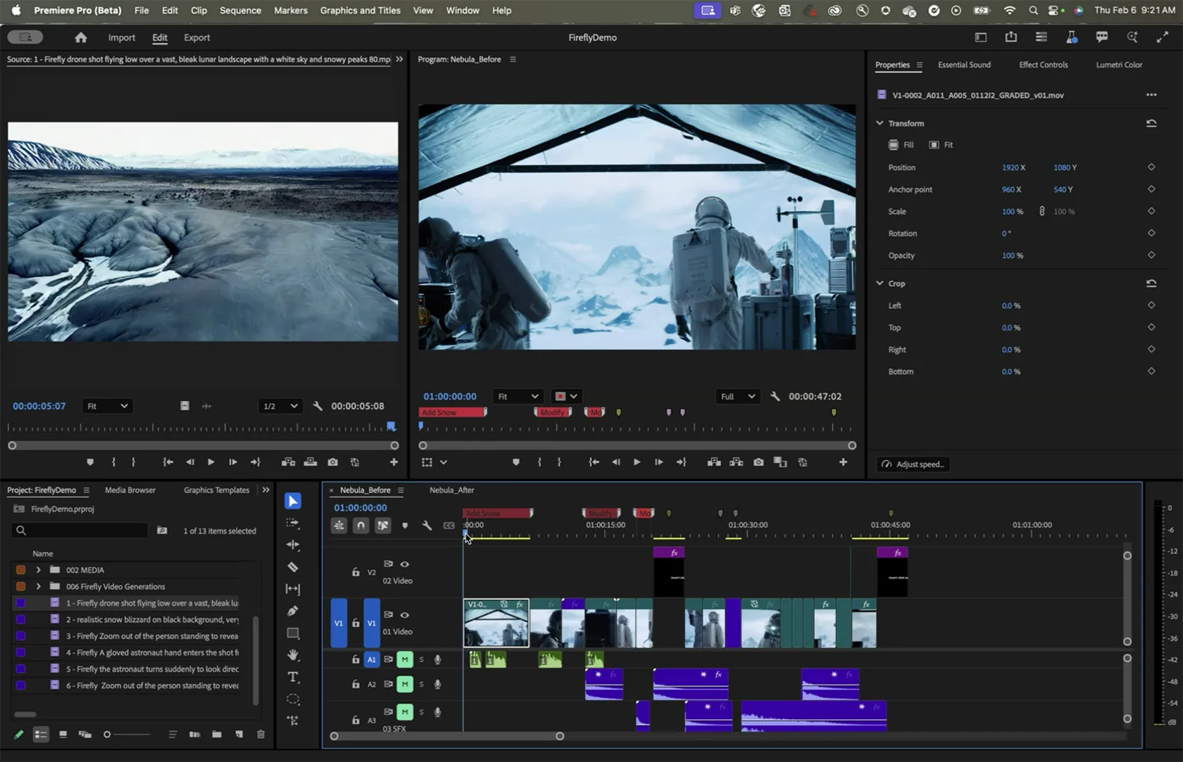 Giao diện Adobe Premiere Pro hiển thị công cụ Generative Extend AI để mở rộng thời lượng video