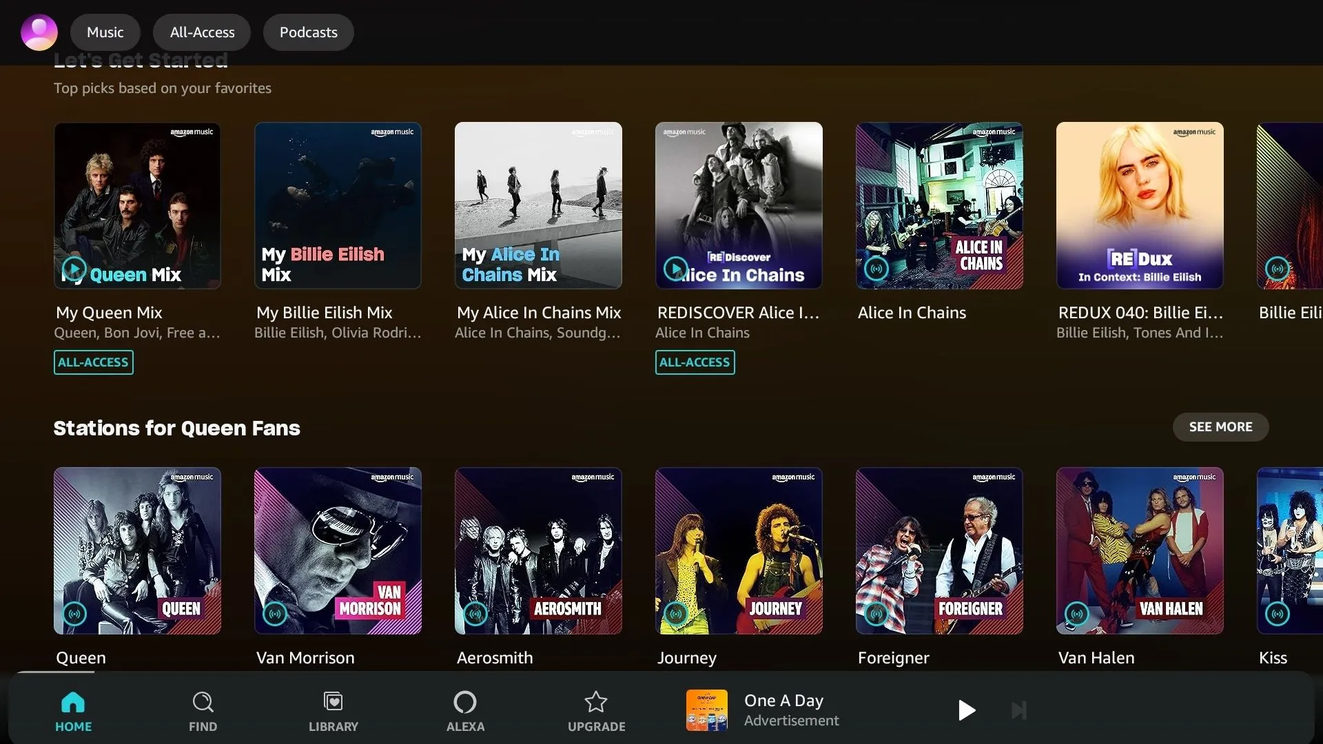 Giao diện Amazon Music Prime hiển thị các playlist 'All-Access' và playlist cộng đồng, cho thấy thư viện nhạc đa dạng.